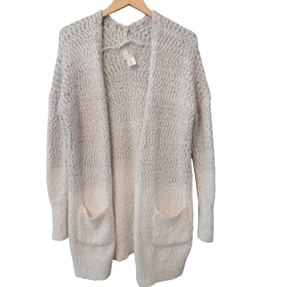 Ruby Moon‎ Womens Cardigan Size L Open Front Pockets Knit Sweater Cream Gray